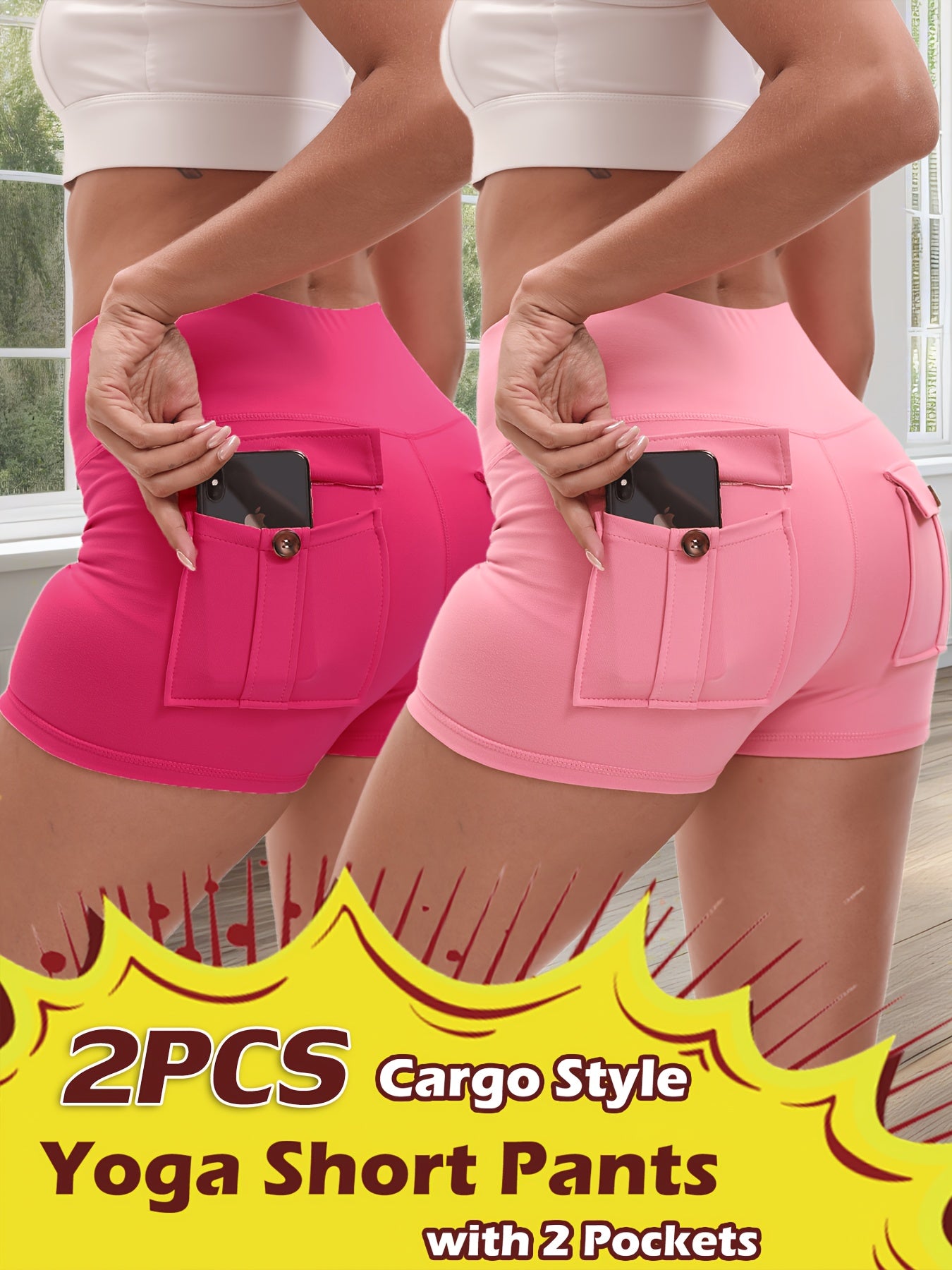 2pcs High Stretch Elastic Waist Cargo Shorts - Women's Shaping, Hip Lifting, Quick-Drying Fitness Pants with 2 Pockets, Solid Color Short Pants Set, Track Shorts Set