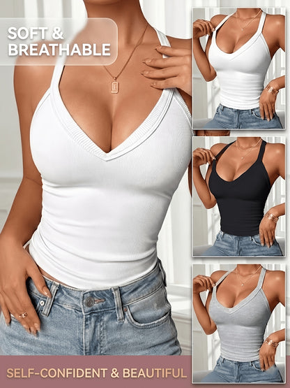 3pcs Women'S Ribbed V-neck Vest, Comfortable, Breathable, Sexy, Slim Fit, Sleeveless Suspender, Sports Vest
