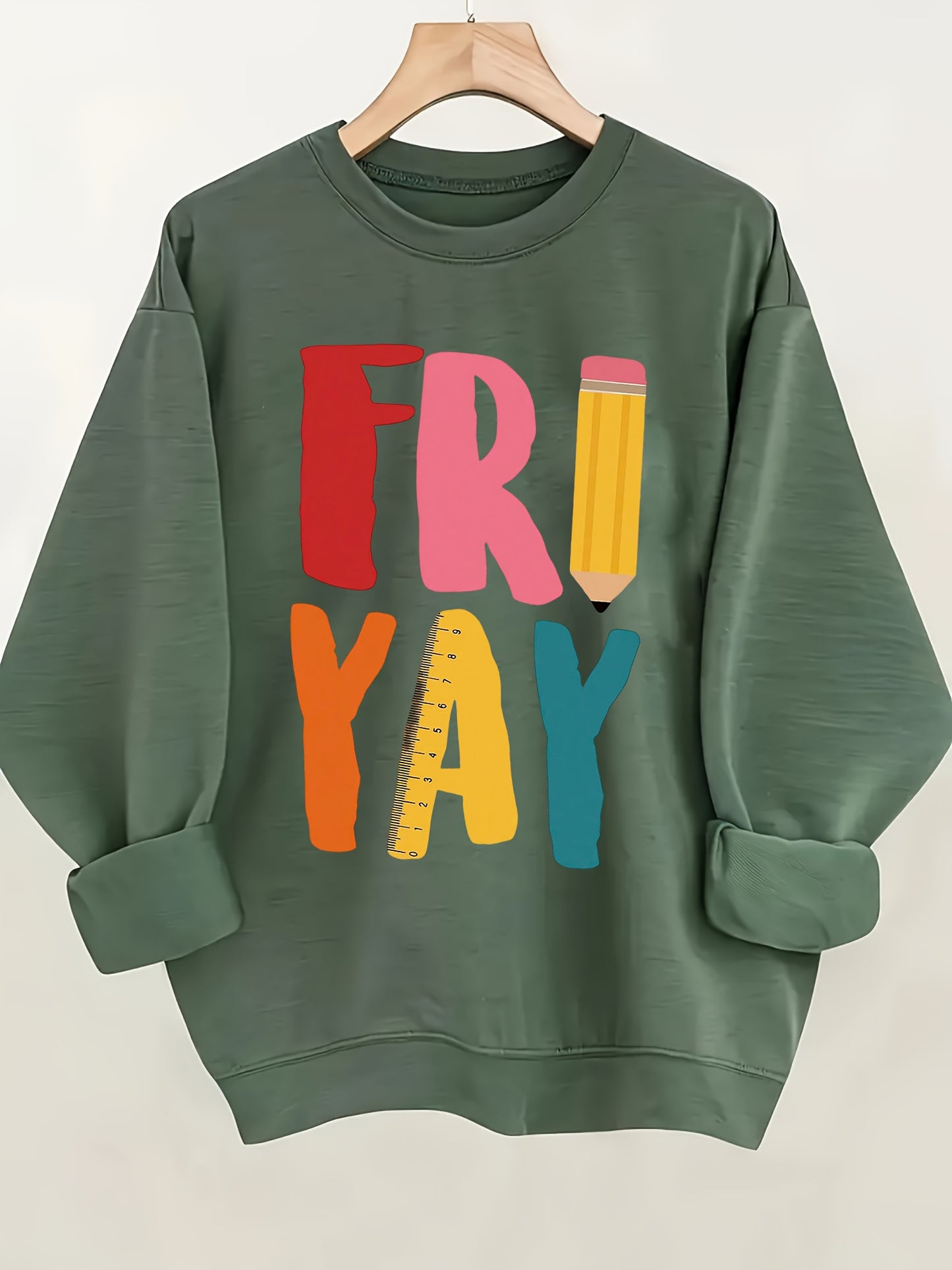 FRIYAY with Supply Themed Letters, Expressing Joy for Friday Pattern Print Women's Sweatshirt, Comfortable All Seasons, Machine Washable