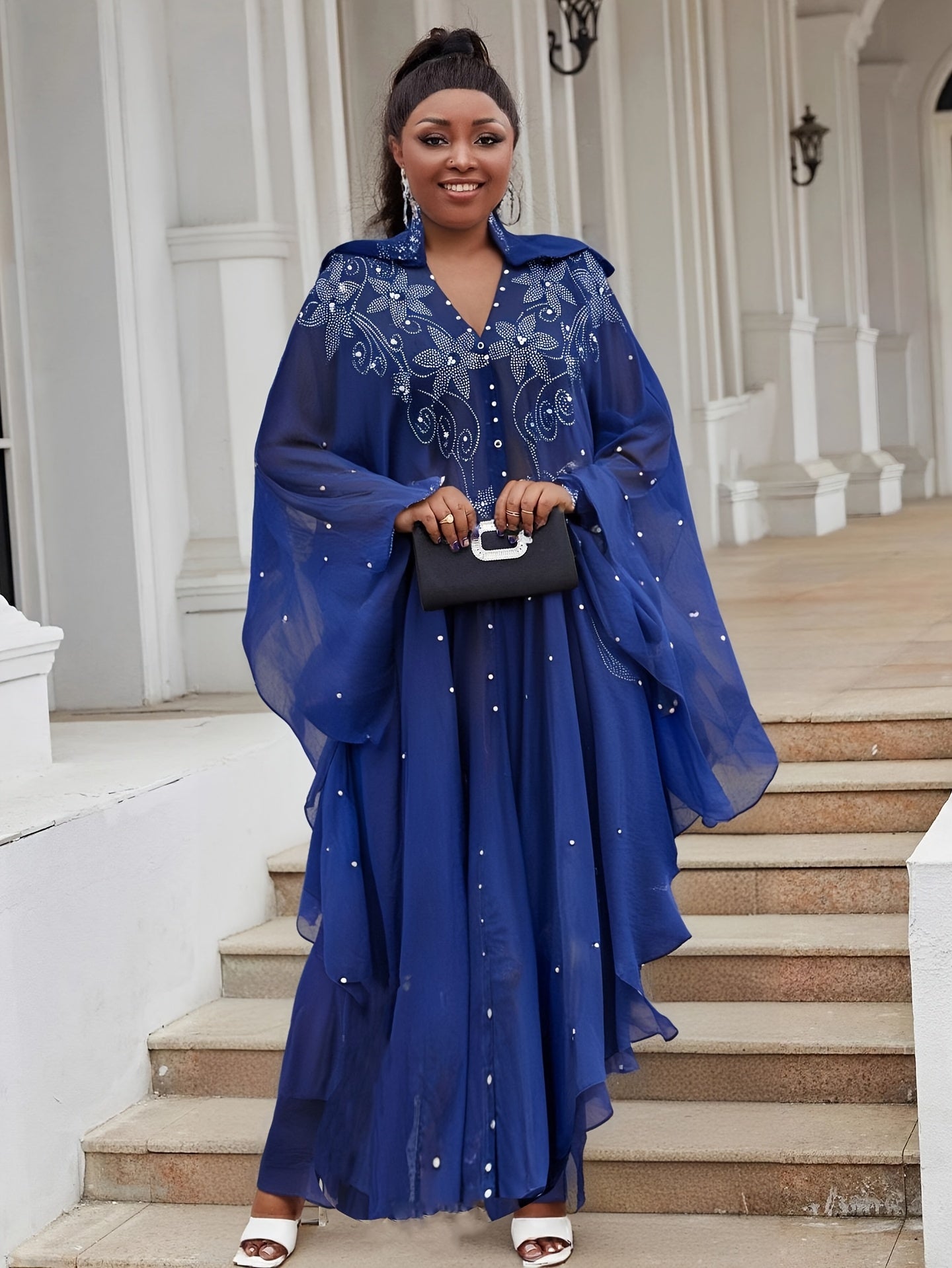 Chic Rhinestone Wrap for Women Featuring Trumpet Sleeves - A Loose-Fitting Long Cape Inspired by Middle Eastern Styles, Adorned with Semi-Sheer Pearls And Crystals, with a Split Hem Perfect for Summer Weddings And Formal Occasions