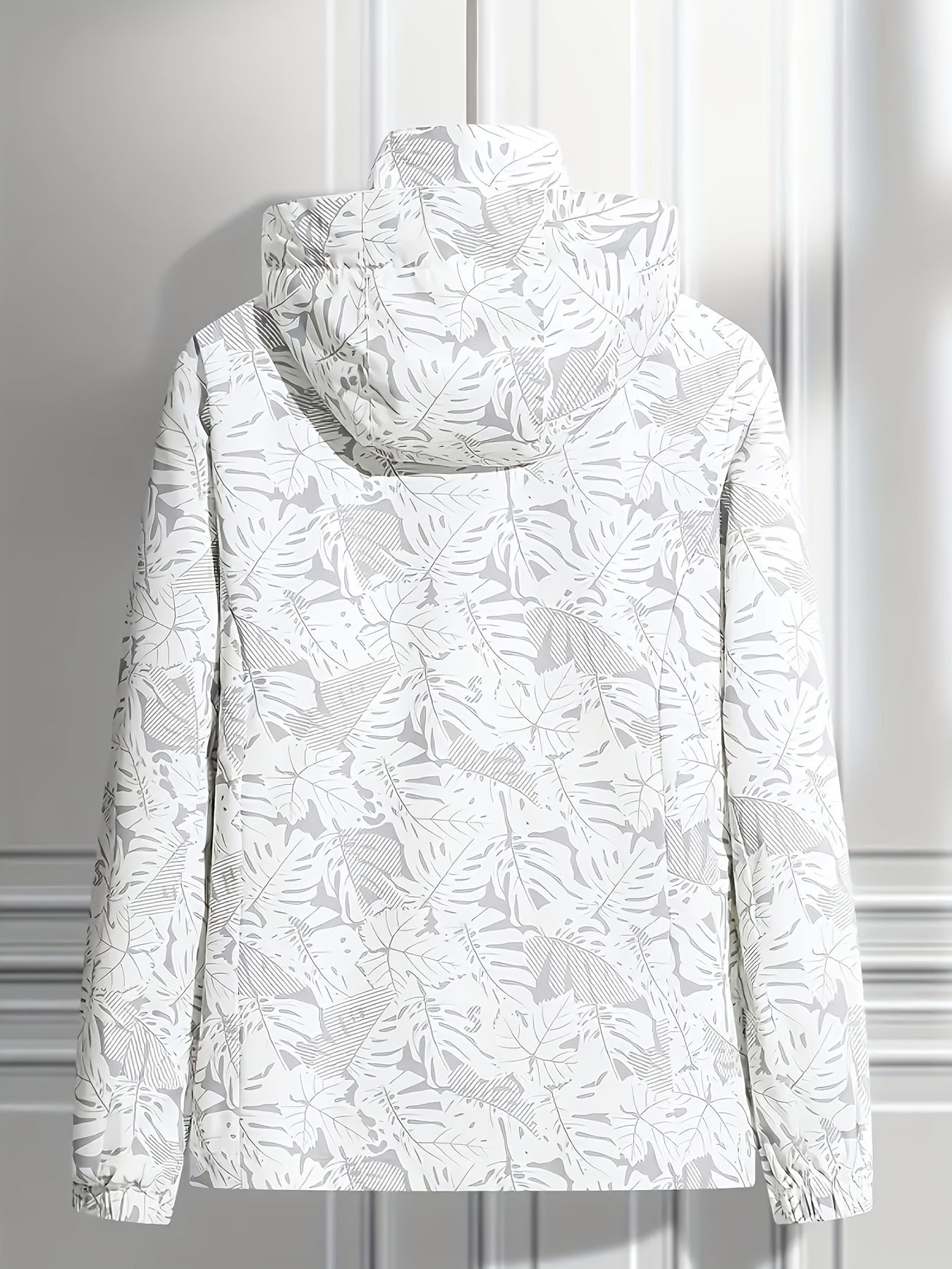 Women's Lightweight Windproof Hooded Jacket - Casual Zip-Up Outdoor Raincoat with Tropical Leaf Print, Removable Hood & Adjustable Cuffs for Spring Summer Fall,, Travel, Camping, Camping Gear, Apparel, Durable Zipper Closure