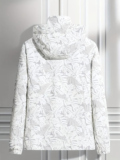 Women's Lightweight Windproof Hooded Jacket - Casual Zip-Up Outdoor Raincoat with Tropical Leaf Print, Removable Hood & Adjustable Cuffs for Spring Summer Fall,, Travel, Camping, Camping Gear, Apparel, Durable Zipper Closure