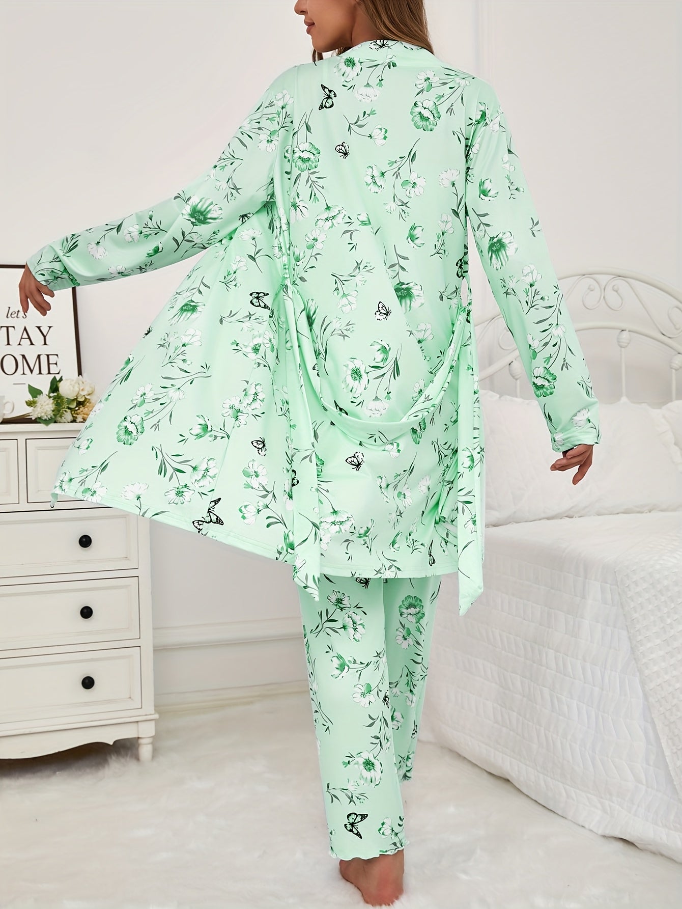 3pcs Floral And Butterfly Print Pajama Set - Long Sleeve Belted Robe & Cami Top & Pants Lounge For All Seasons