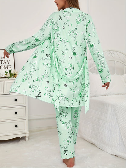 3pcs Floral And Butterfly Print Pajama Set - Long Sleeve Belted Robe & Cami Top & Pants Lounge For All Seasons