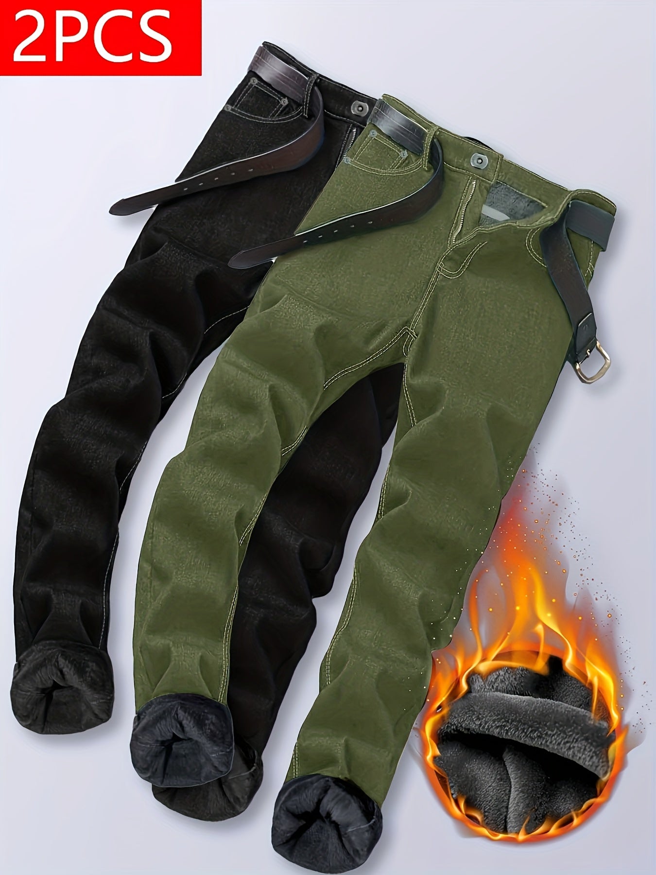 2pcs Men'S Slim Fit Fleece Lined Jeans - Business Casual Thermal Trousers for Winter