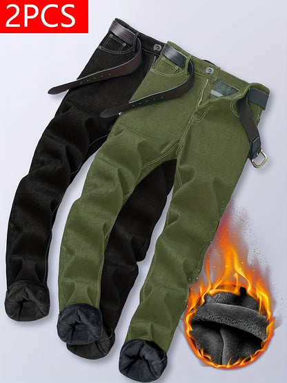 2pcs Men'S Slim Fit Fleece Lined Jeans - Business Casual Thermal Trousers for Winter