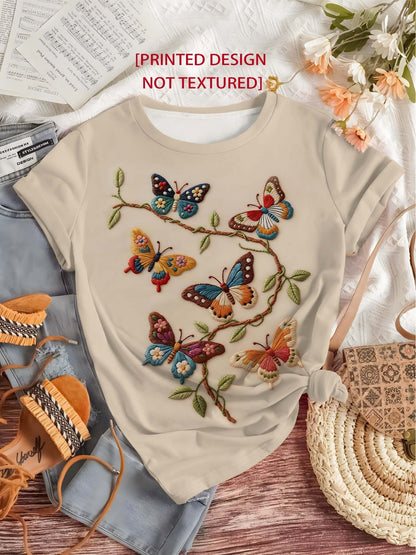 Forest Style Butterfly Wreath Short Sleeve T-Shirt Round Neck Loose White Top Artistic Retro Gentle Style Niche Design Short Sleeve