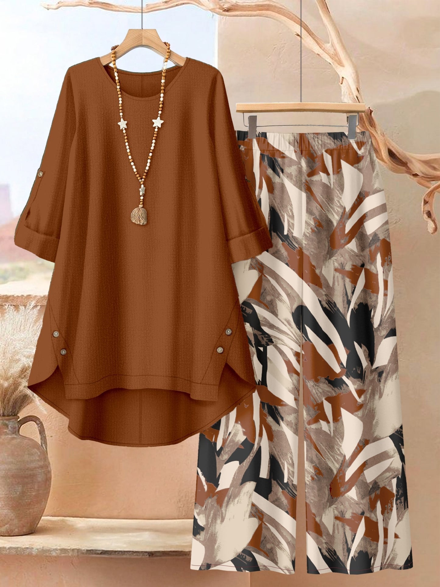 Plus Size, Plus Size - Plus Size - A Stylish 2pcs Outfit for Plus-Size Women Featuring an Asymmetrical Button-Up Top And Wide-Leg Pants with Artistic Prints, Perfect for Daily Elegance
