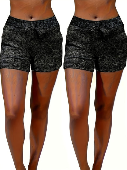 2pcs Solid-color Casual Pocket Women'S Shorts With Adjustable Drawstrings - Spring, Summer And Autumn Lightweight And Breathable Fabric, Machine Washable, Suitable For Home And Daily Wear, Seasonal Fashion, Soft Texture