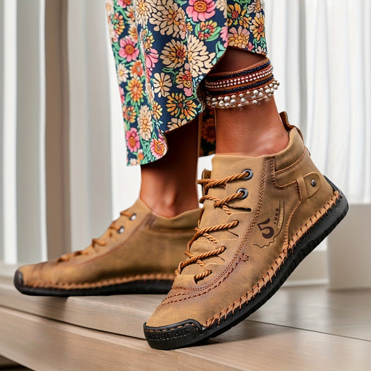 Women's Handmade Retro Sneakers - Lightweight Upper & Sole, Round Toe Mid-Top Lace-Up Casual Suitable for Walking, Dating, Casual Attire - - Versatile Footwear, Women Shoes
