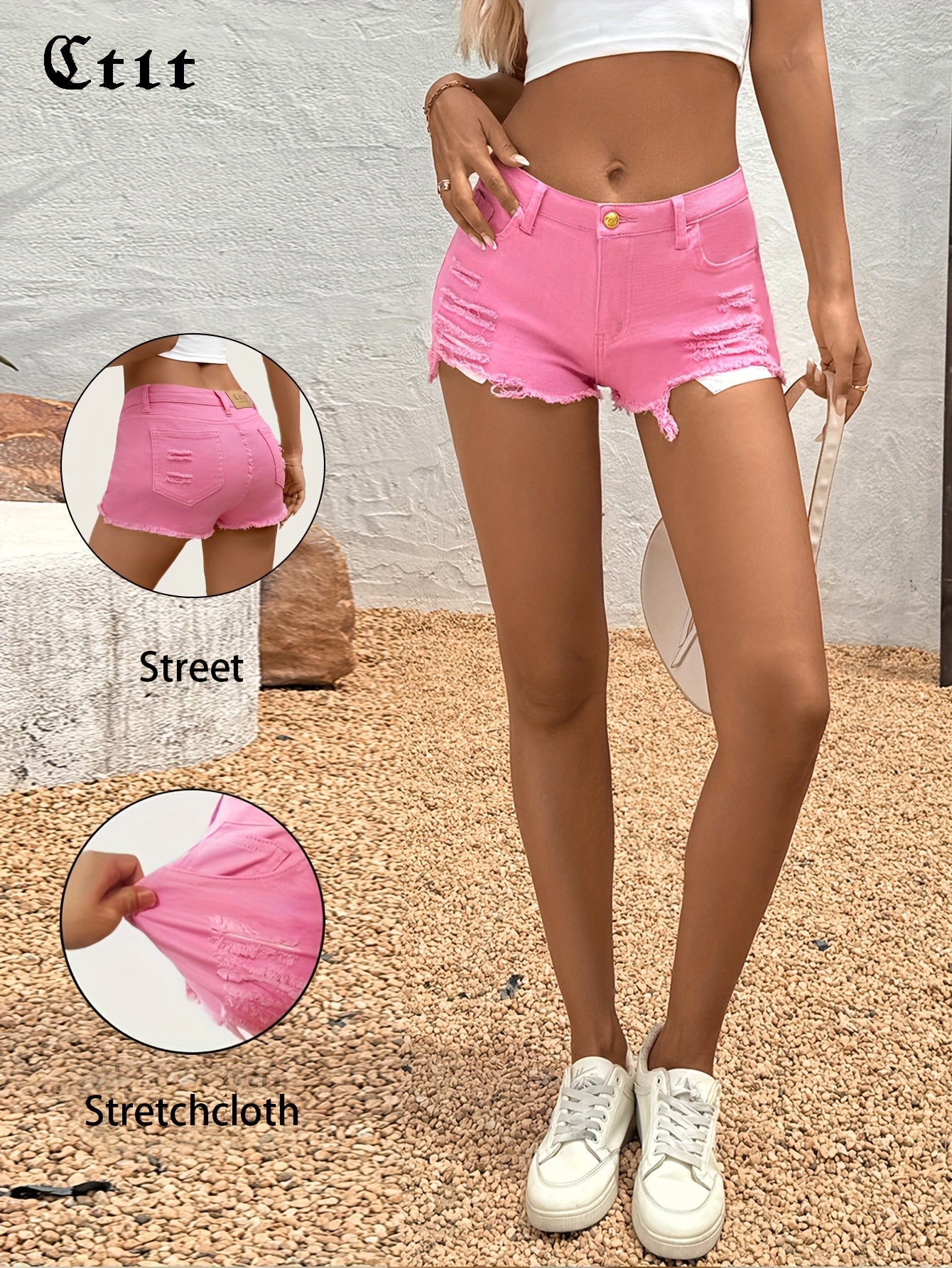 Regular Hole Stretch Denim, Casual Shorts, Y2K Cute Short Jeans