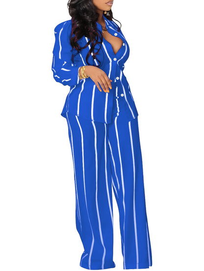 Women's Two-piece Striped Long-sleeved Button- Shirt with Wide-leg Trousers with Pockets