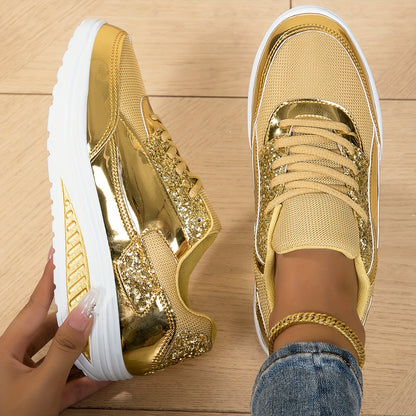 Women's Fashionable Sports Shoes with Shiny Summer Mesh, Breathable Lace-up, Women's Casual Shoes with Thick Soles, Height-increasing Dance Soles, Sequin, Lightweight Soft Soles, Low-top, Large-sized Walking Shoes, Women Shoes, Sneakers