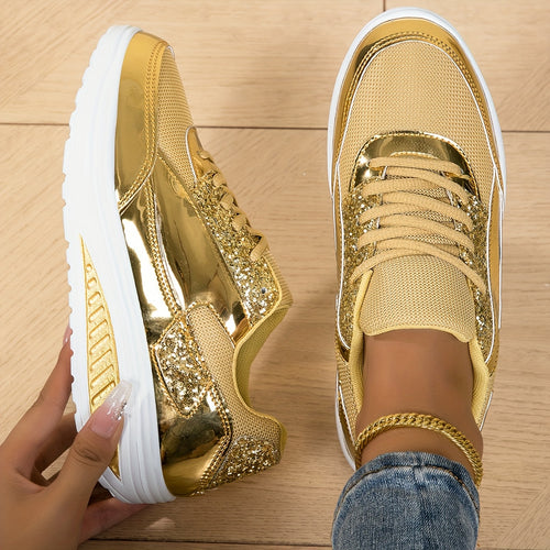 Women's Fashionable Sports Shoes with Shiny Summer Mesh, Breathable Lace-up, Women's Casual Shoes with Thick Soles, Height-increasing Dance Soles, Sequin, Lightweight Soft Soles, Low-top, Large-sized Walking Shoes, Women Shoes, Sneakers