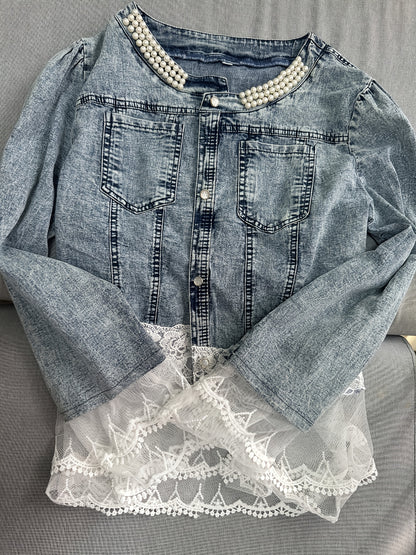 Women'S Casual Jacket, Lace Floral Pattern, Exquisite Buttons, Daily Fashion Beaded Denim Jacket, Very Suitable for Spring And Autumn