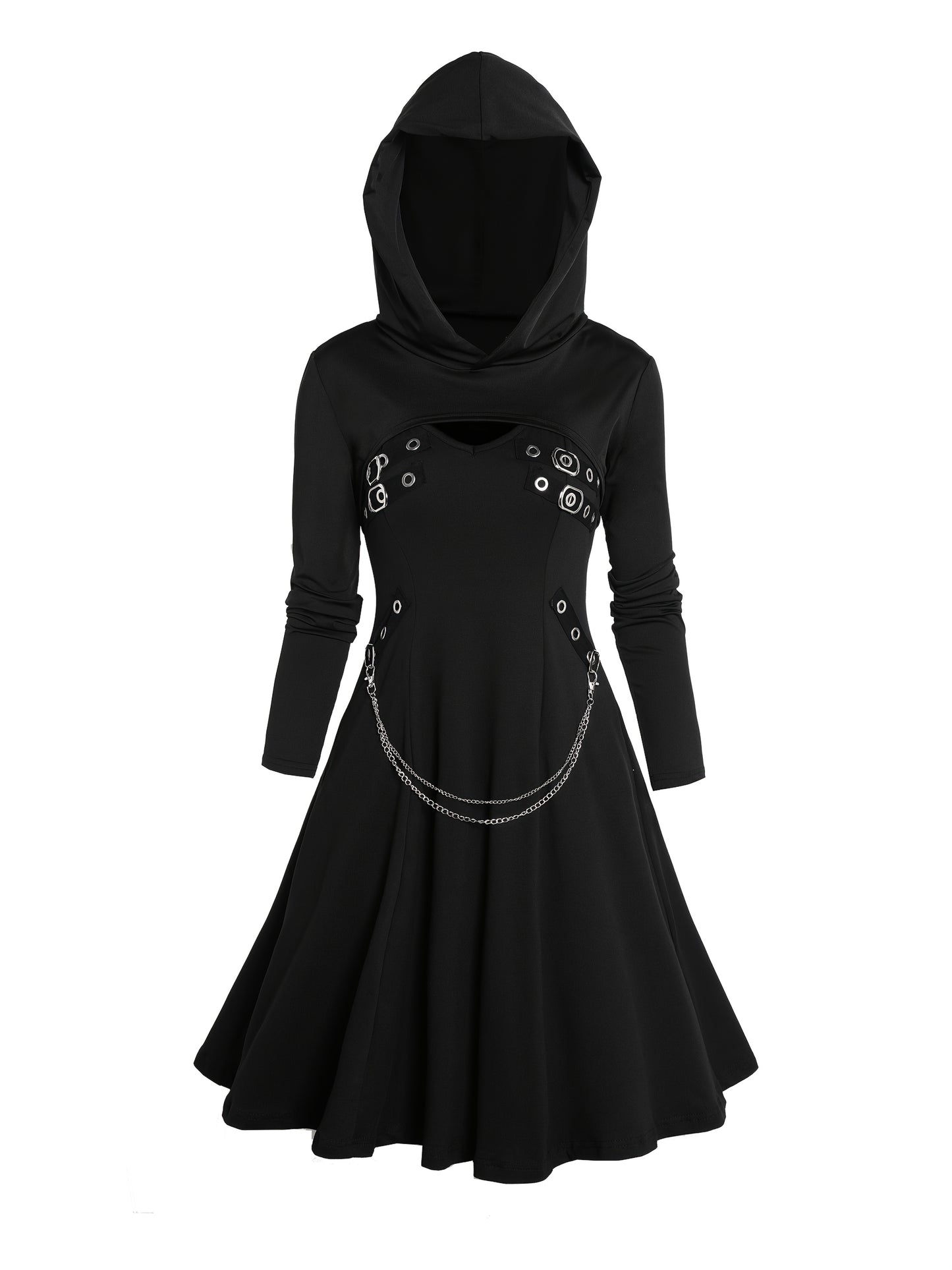 Rock Gothic Metal Piece Decorated V-Neck Vest Dress with Hooded Long Sleeve Top Two-Piece Set, Unique Gothic Style Detachable Chain Vest Skirt and Curved Hem Caped Long Sleeve Shirt, Versatile Separates Women's Outfit for Party and Casual Wear