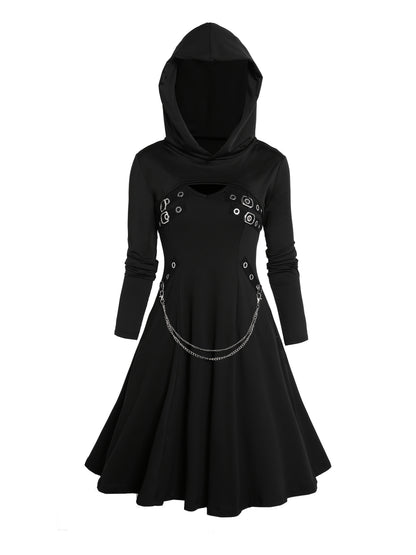 Rock Gothic Metal Piece Decorated V-Neck Vest Dress with Hooded Long Sleeve Top Two-Piece Set, Unique Gothic Style Detachable Chain Vest Skirt and Curved Hem Caped Long Sleeve Shirt, Versatile Separates Women's Outfit for Party and Casual Wear