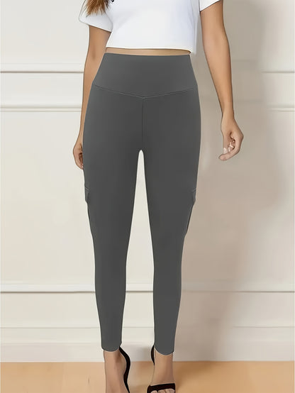 1pc High-Waisted Cargo Pocket Yoga Pants, Stretchy Skinny Sports Leggings, Quick-Dry Running Workout Pants, Butt Lifting, Street Style, Women's Fitness Trousers