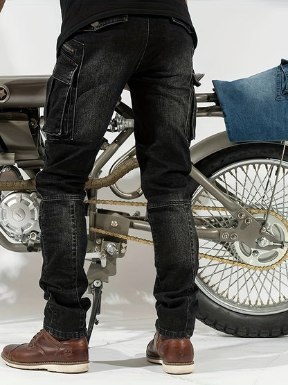 Men'S Wear-resistant Zipper Large Pocket Motorcycle Cycling Pants Vintage Washed Elastic Jeans