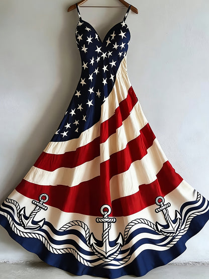 Women's Patriotic Maxi Dress - A-Line Silhouette, Suitable for Vacation, Leisure & Beach Outings, Loose Fit, National Flag Pattern, Sleeveless, V-Neck, Red National Flag Design with Built-In Cups