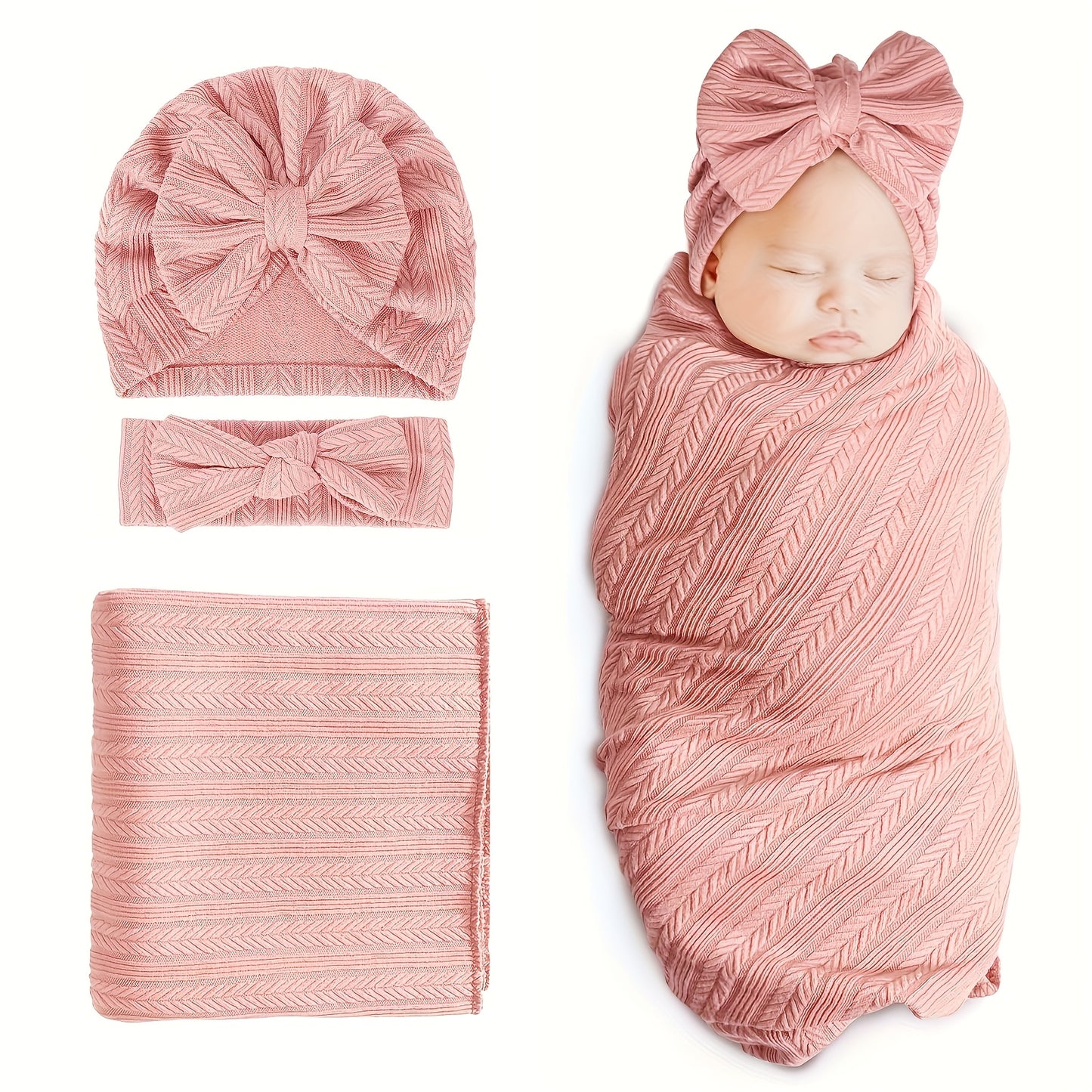 Baby Swaddle Blankets for Girls Boys, 3pcs Newborn Accessories Set with Matching Hat And Bow Headband Soft And Skin-friendly Texture, Suitable for All Four Seasons