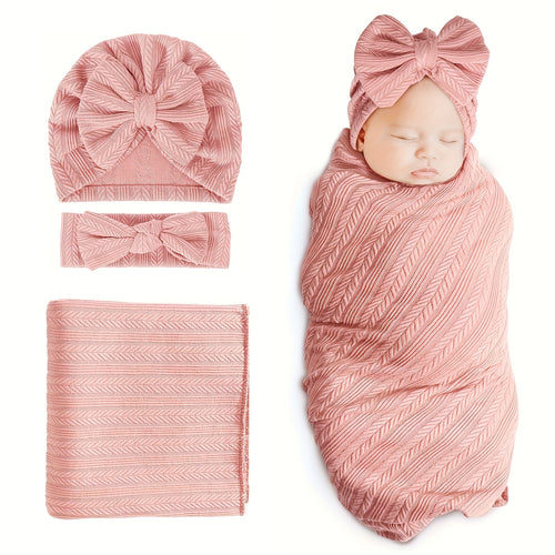 Baby Swaddle Blankets for Girls Boys, 3pcs Newborn Accessories Set with Matching Hat And Bow Headband Soft And Skin-friendly Texture, Suitable for All Four Seasons