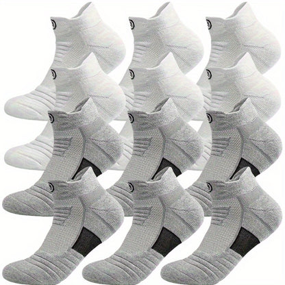 12 Pairs of Men's Thick Towel Fabric Sole Anti-slip and Moisture-absorbing Sports Socks, with Cushioning and Breathable Design, Suitable for Marathons, Outdoor Sports, Casual Wear, Sporty Style, Enhanced Stitching, and an Active Lifestyle