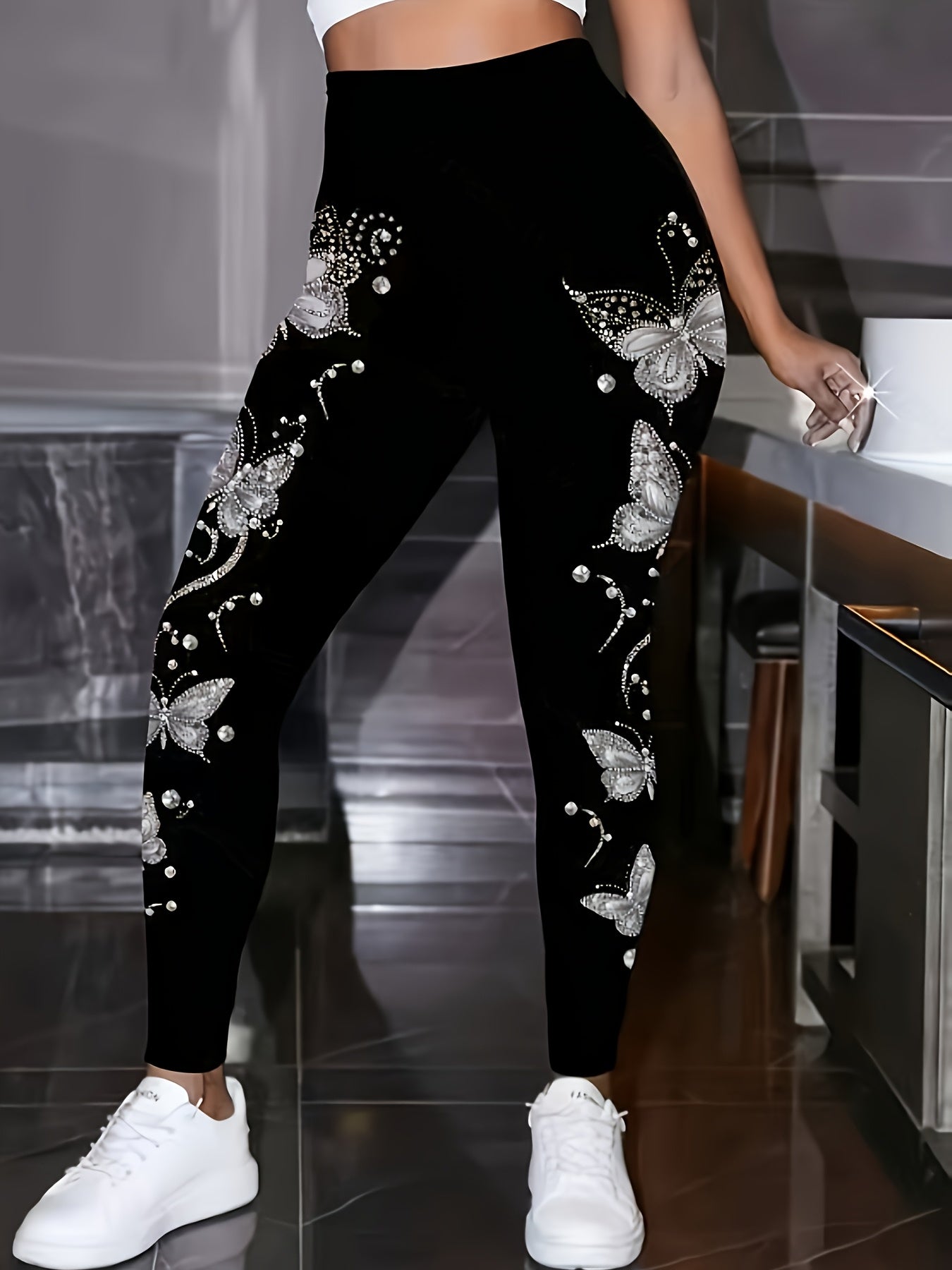 Plus Size, Plus Size - Women's Plus Size Elegant Pants - Stretchy Non - See - Through Leggings with Black & Pink Butterfly Print, All-Season Formal & Casual Pants for Everyday, Parties, Office - Non-Transparent Trousers for Women.