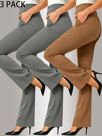 3pcs Multicolor Women'S High-Waist Flare Pants Set, with Pockets, Waist-Cinching Athletic Leggings, Smooth Comfortable Athletic Pants, Suitable for Gym, Running, Casual And Daily Wear