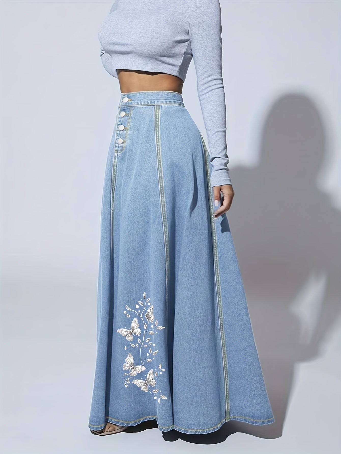 Women's Light Blue Denim Floral Skirt - product view 6