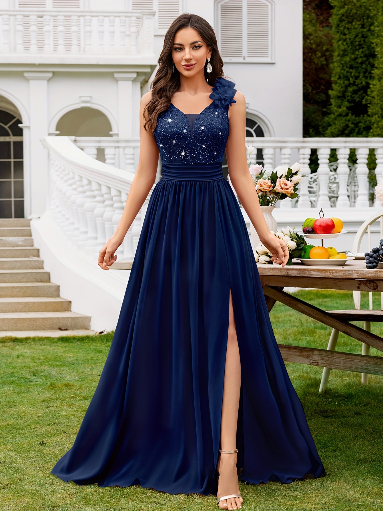 24451A Elegant Womens Mesh Deep V Neck Sequin Lace Maxi Dress, Sleeveless Applique Shoulder, Back V Neck, Ruched A Line Waist, High Thigh Slit Hem, Perfect For Formal Wedding Guest, Prom, Bridesmaid Party, Graduation Season, Wedding Season