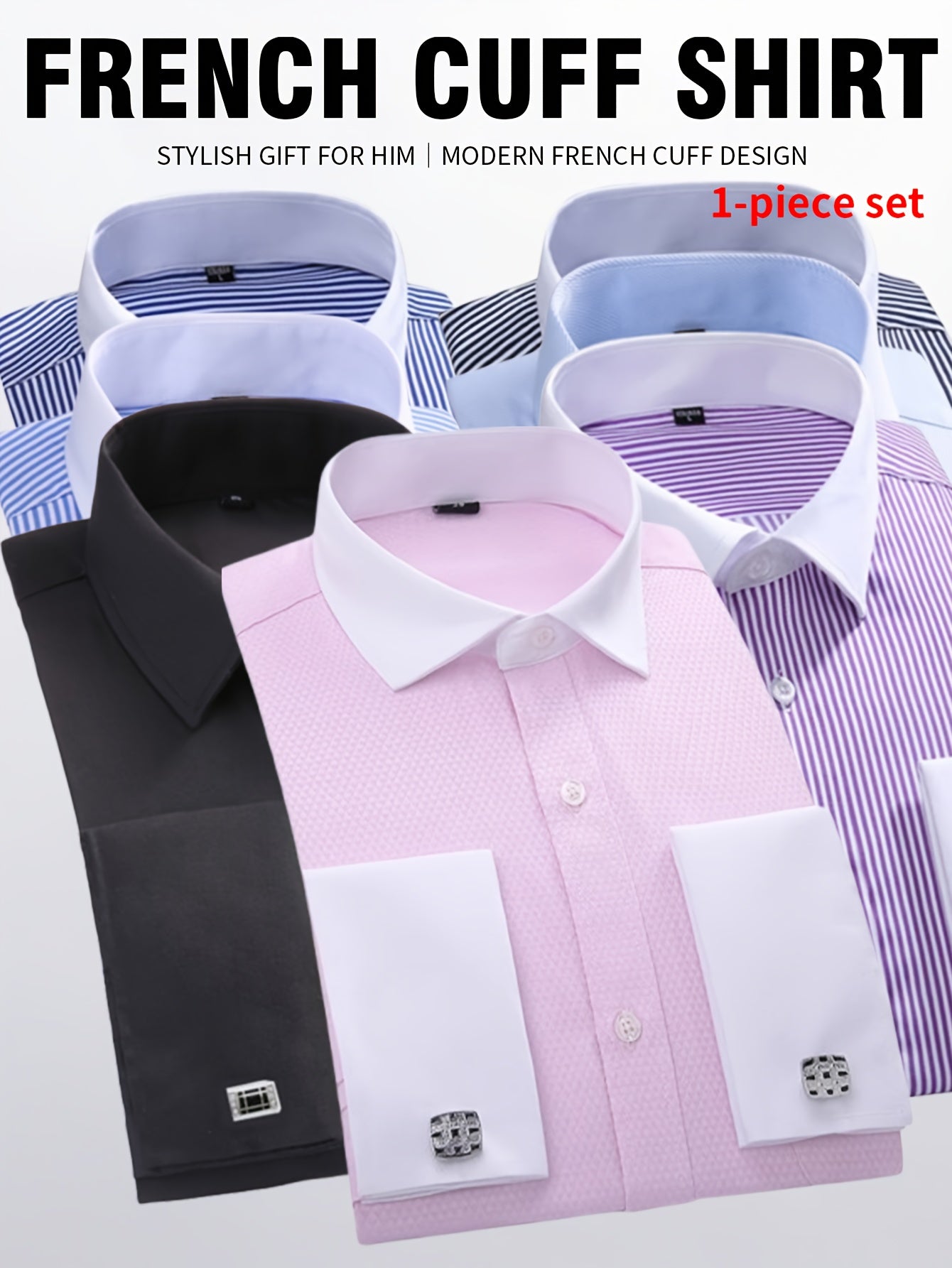 2026 French Cuff Dress Shirt 1pc For Men With FREE Random Cufflinks Set - Luxury Formal Wedding Shirt, Business Office Elegant Attire