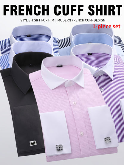 2026 French Cuff Dress Shirt 1pc For Men With FREE Random Cufflinks Set - Luxury Formal Wedding Shirt, Business Office Elegant Attire