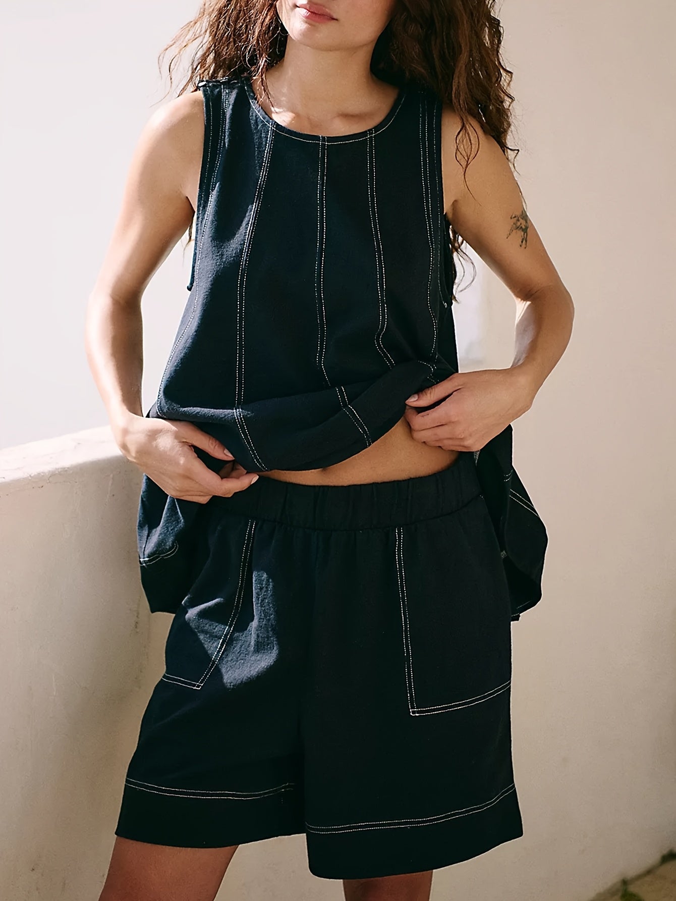 Womens 2pcs Outfits Sleeveless Matching Sets A Line Tank Tops Contrast Stitching High Waist Shorts with Pockets