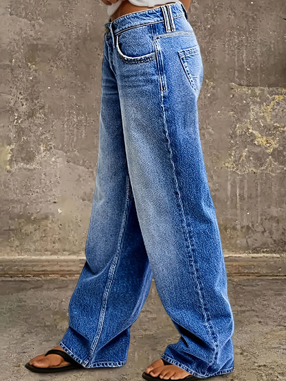 New Four Seasons Jeans|Classic Blue Washed Denim. Vintage Wide-leg Jeans Women's High-street Topstitch Back Pocket Casual Trousers Women's Clothing
