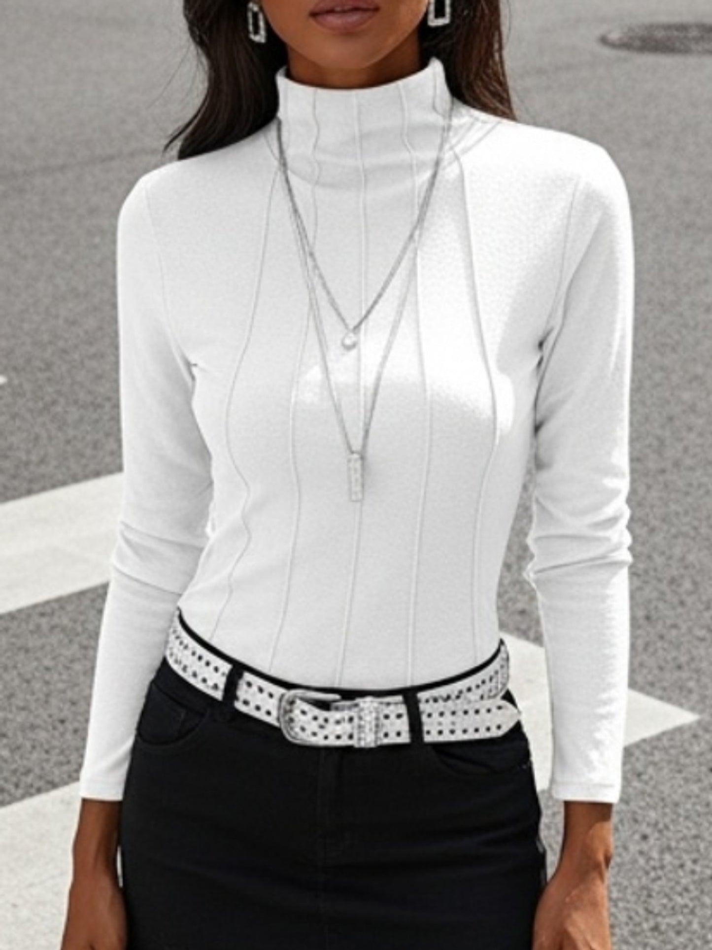 Solid Color Turtleneck Slim T-shirt, Spring and Autumn All-Match Long Sleeve T-shirt, Women's Clothing