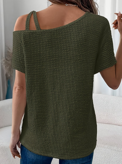 Women'S Summer Off Shoulder Waffle Short Sleeve T-Shirt Solid Color Top