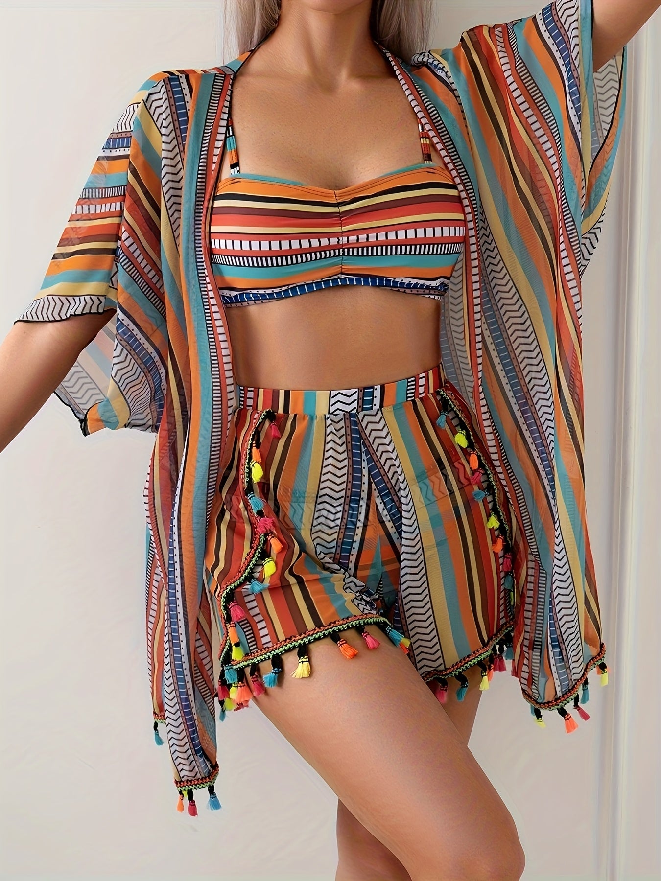 Unyooke Women'S Sexy Print 3pcs Bikini Set with Long Sleeve Cover-Up - Stretchy, Non-Transparent Polyester Blend