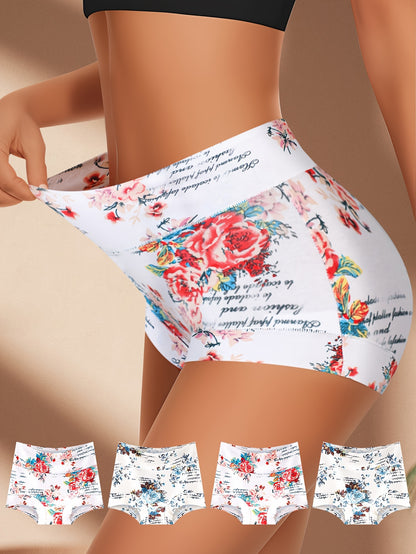 4pcs Comfy Floral Print Triangle Panties - Soft, Breathable, Stretchy, And Intimates for Women - Lingerie And Underwear Essentials for Everyday Comfort Elegant Design