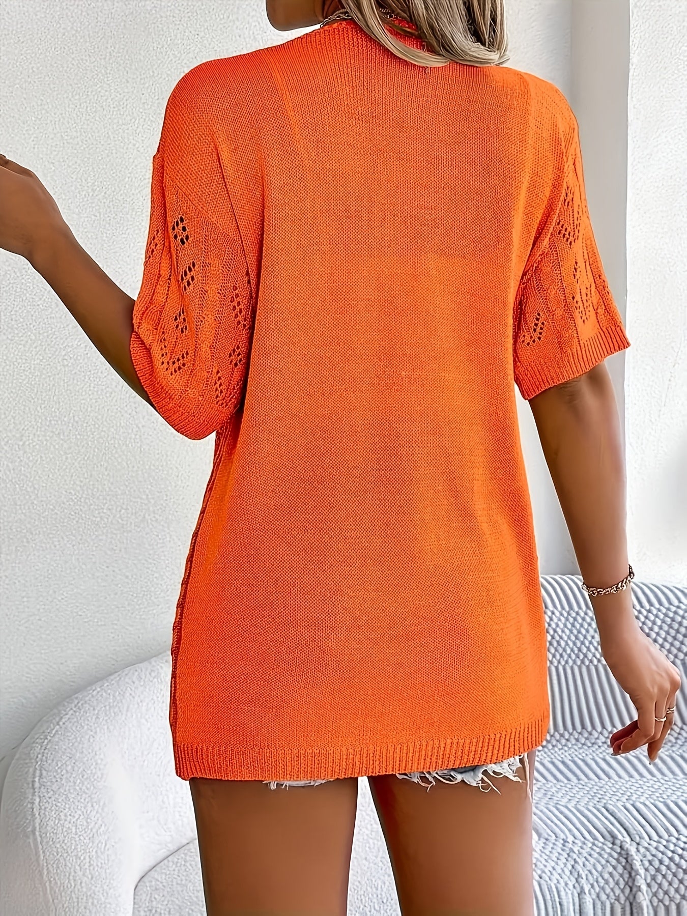 Plus Size - Summer New Arrival Women'S Openwork Short Sleeve Cardigan Loose Mid-Length Cover-Up Lightweight Breathable Outerwear Top