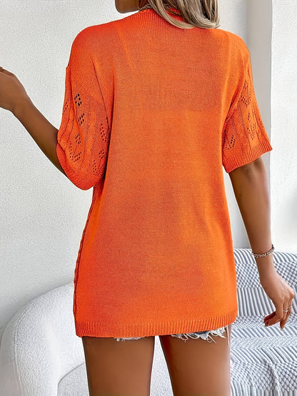 Plus Size - Summer New Arrival Women'S Openwork Short Sleeve Cardigan Loose Mid-Length Cover-Up Lightweight Breathable Outerwear Top