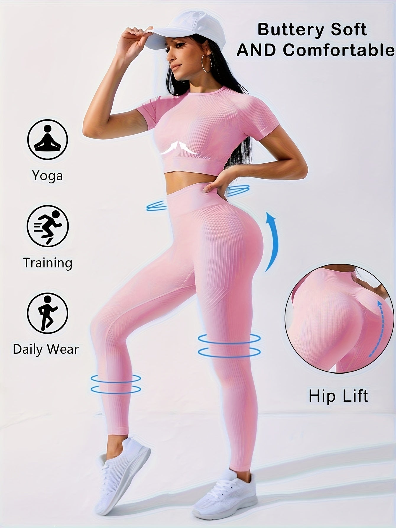 Women's 2pcs Workout Set - Yoga Top & Leggings, Crew Neck, Medium Stretch, Solid Color, All-Season Activewear, Workout