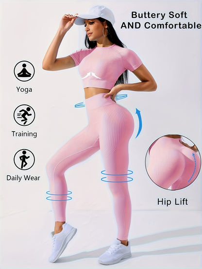 Women's 2pcs Workout Set - Yoga Top & Leggings, Crew Neck, Medium Stretch, Solid Color, All-Season Activewear, Workout
