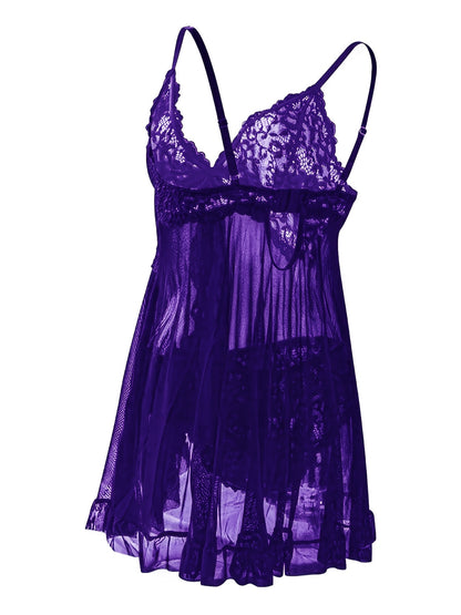 Big Size Sultry Valentine Lace Sleepwear Dress Set - Exquisite Lace, Flattering V-Neckline, Daring Backless Design, Delicate Ruffle Trim, Trendy Split Hem, Seductive Thong Detail, Ultra-Comfortable Fabric, Perfect For Romantic Night, Anniversary Gift