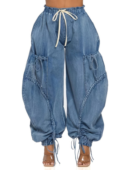 Women's Loose Jeans Women's Fashion Drawstring Lace-up Elastic Waist Jeans, Suitable for Daily Wear, All-season Casual Street Clothes,
