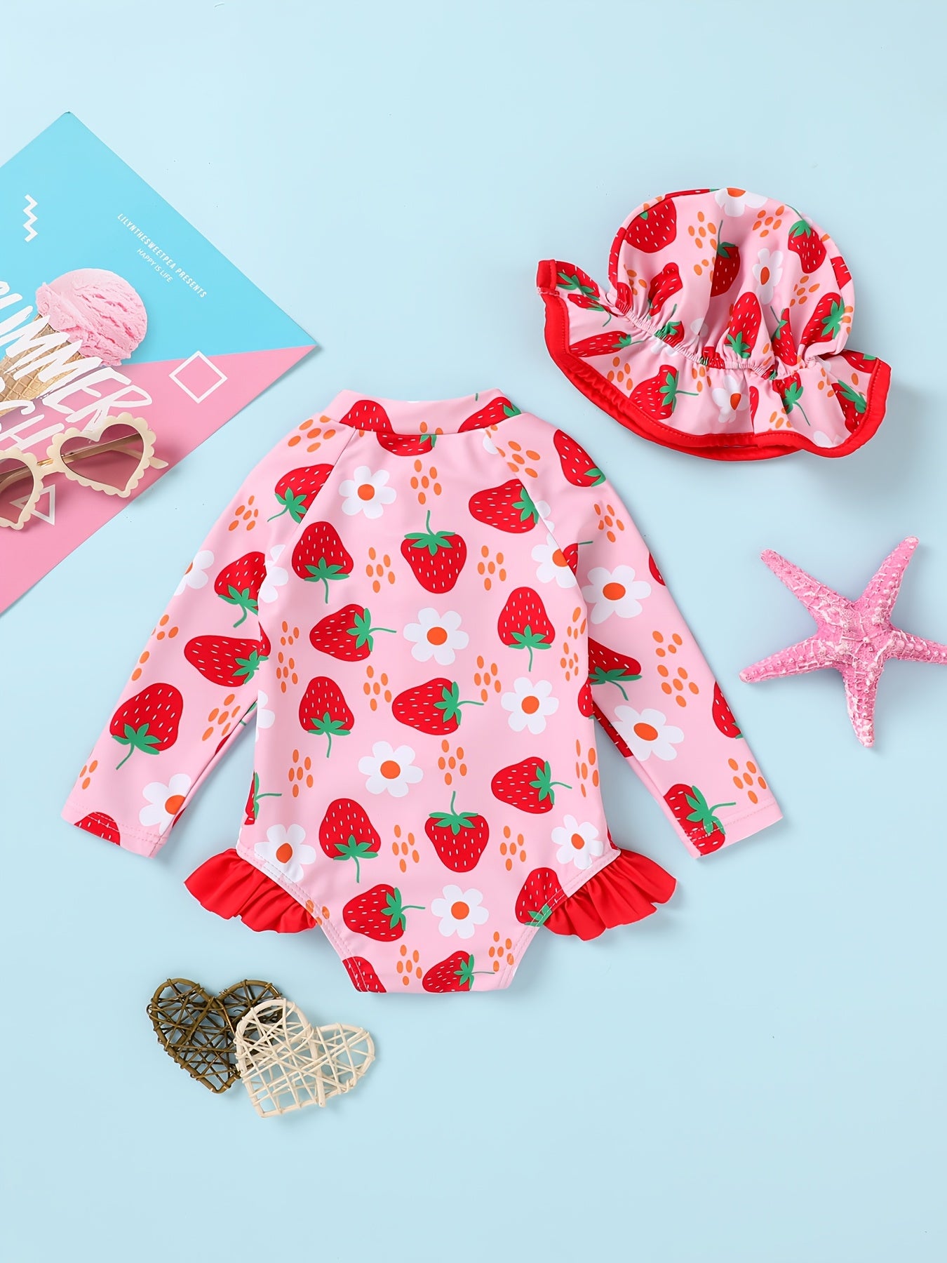Baby Girl Swimsuit One-Piece Long Sleeved Sunscreen Suit with Hat Set Zipper Swimsuit Cute Strawberry Flower Mermaid Flamingo Beach Outfit