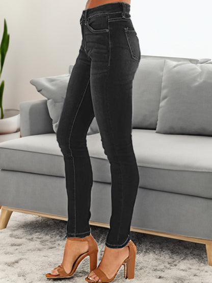 Women's Mid-Rise Butt-Lifting Skinny Jeans - 2025 Summer Color Block Stitching, European & American High Street Fashion, Stretch Denim with Pockets, All-Season Figure-Flattering Jeans for Everyday & Night Out, Comfortable Fashion | Medium Elasticity