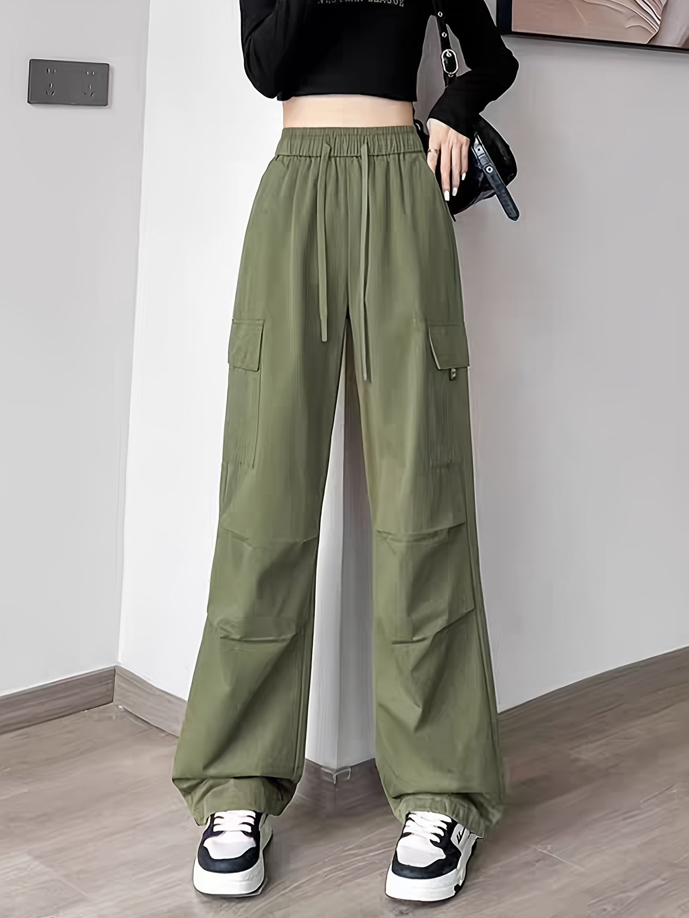 Women&Apos;S Olive Green Cargo Pants - Casual Flap Pockets, Wide-Leg Design, Machine Washable, Spring/Fall Versatile Trousers for Casual Attire, Spring Fall Attire | Relaxed Fit Pants | Nonelastic Fabric
