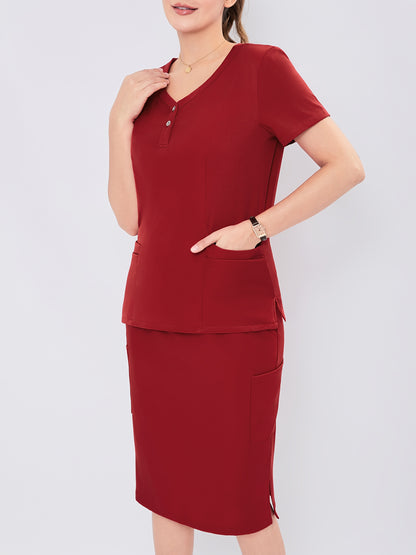 Women's V-Neck Button-Up Scrub Set, Fashionable Short Sleeve Beauty Salon Medical Hand Wash Uniform, Polyester Blend, Casual Style, Regular Fit, Solid Color, Straight Sleeve, Knee-Length Skirt with Pockets, Pullover Top