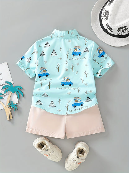 Summer Attire for Young Boys: A Two-Piece Beach Featuring a Button-Up Shirt with Cartoon Car Design And Plain Shorts, for Outdoor